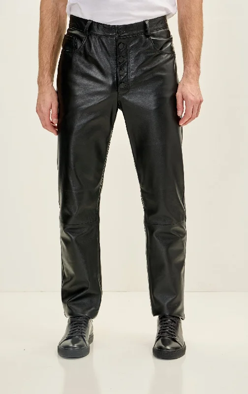 Men's Genuine Lambskin Exposed Buttons Leather Pants - Black