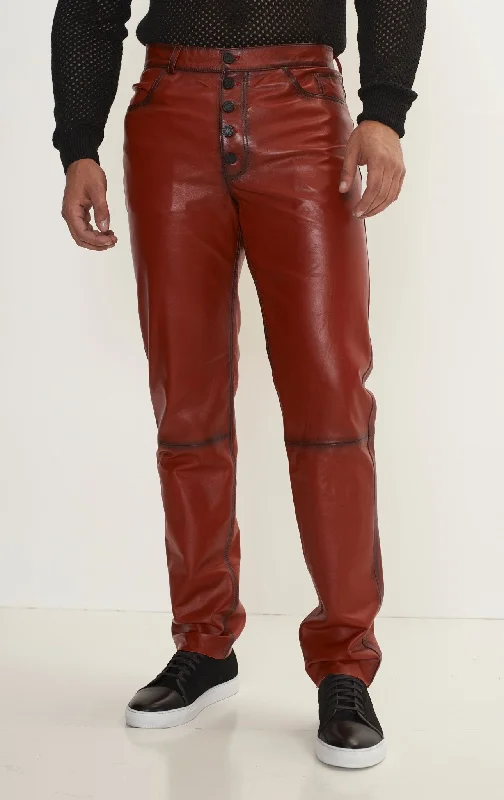 Men's Genuine Lambskin Button Detail Leather Pants - Red tint