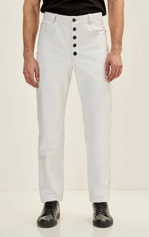 Men's Genuine Lambskin Exposed Buttons Leather Pants - White