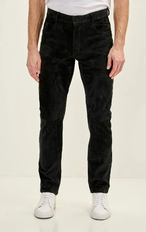 Men's Genuine Lambskin Fitted Suede Pants - Black