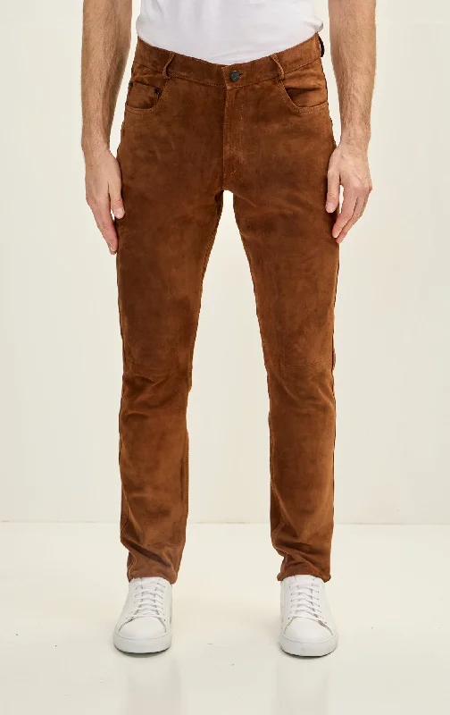 Men's Genuine Lambskin Fitted Suede Pants - Brown