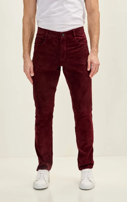 Men's Genuine Lambskin Fitted Suede Pants - Wine