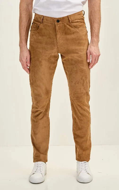 Men's Genuine Lambskin Fitted Suede Pants - Camel