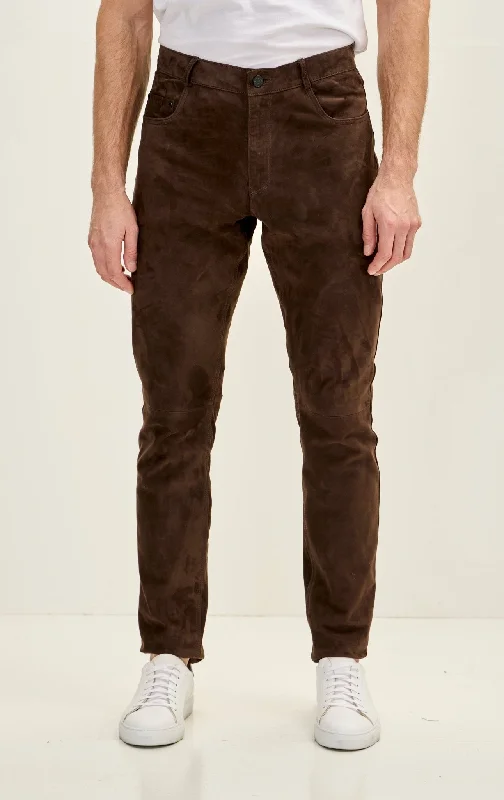 Men's Genuine Lambskin Fitted Suede Pants - Chocolate Brown