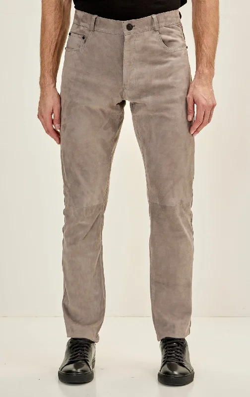 Men's Genuine Lambskin Fitted Suede Pants - Grey