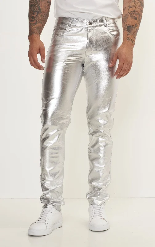 Genuine Lambskin Leather Pants - Silver