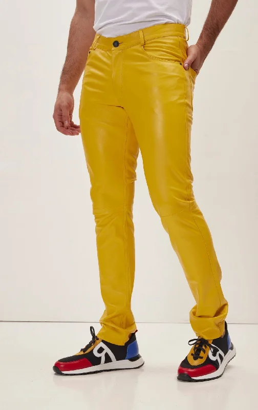 Genuine Lambskin Leather Pants - Yellow