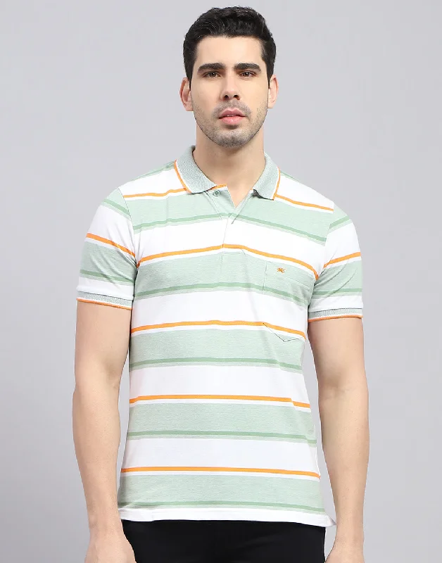 Men Green Stripe Polo Collar Half Sleeve T-Shirt