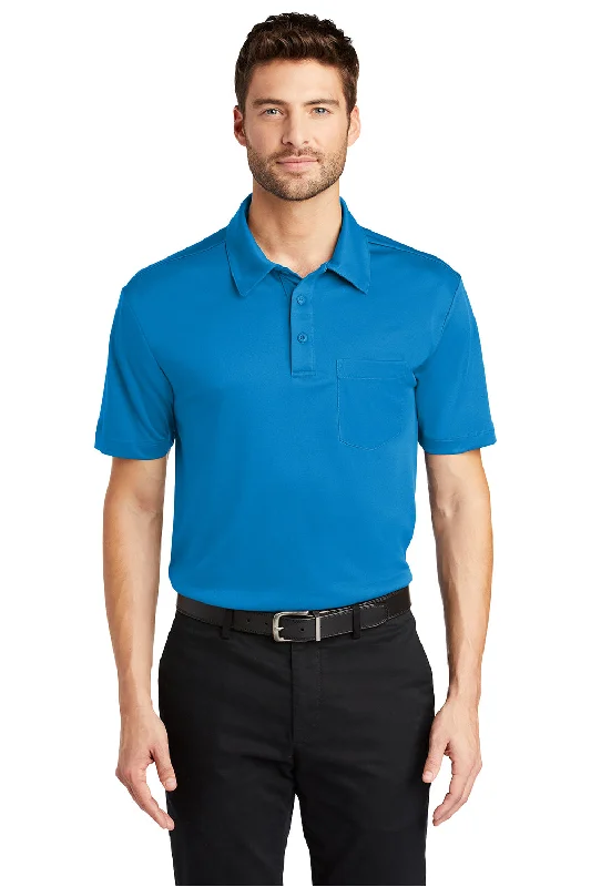 Port Authority Mens Silk Touch Performance Moisture Wicking Short Sleeve Polo Shirt w/ Pocket - Brilliant Blue