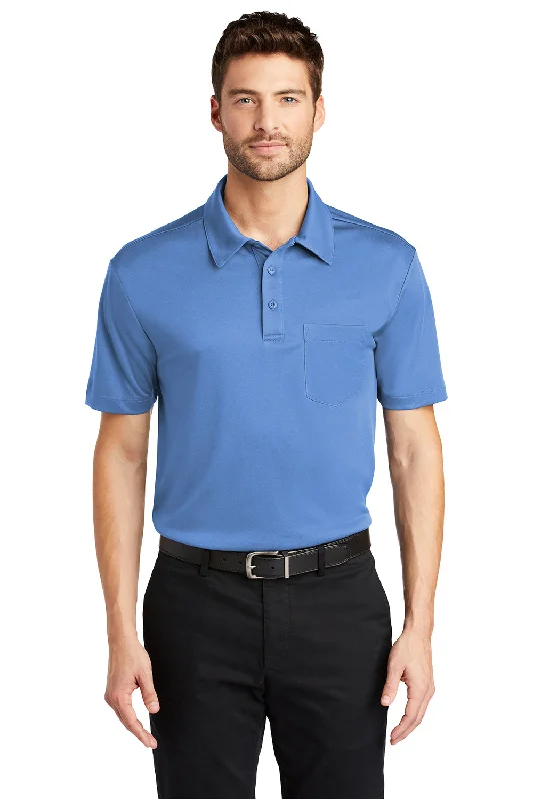 Port Authority Mens Silk Touch Performance Moisture Wicking Short Sleeve Polo Shirt w/ Pocket - Carolina Blue