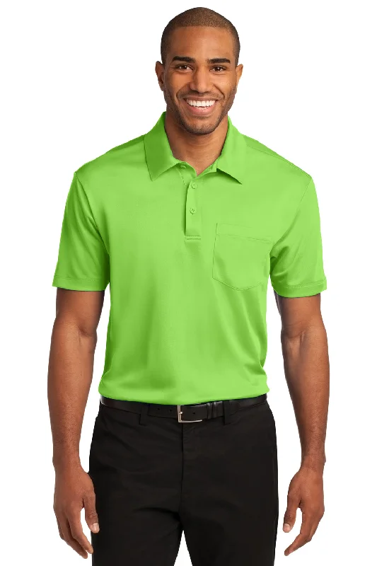 Port Authority Mens Silk Touch Performance Moisture Wicking Short Sleeve Polo Shirt w/ Pocket - Lime Green - Closeout